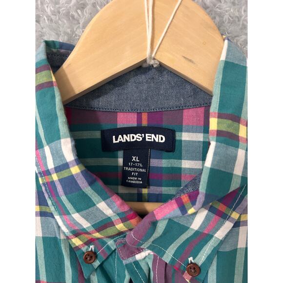Lands’ End Madras Plaid Short Sleeve Button Shirt XL 17-17.5 100 Cotton Classic - Picture 7 of 9